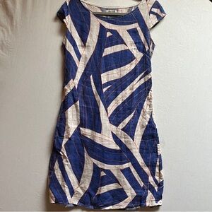 Lina Tomei 100% Linen Navy & Cream Abstract Print Cap Sleeve Dress Sz S